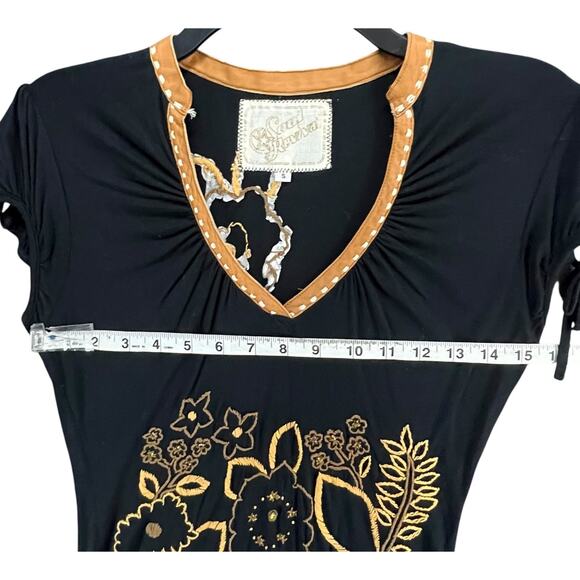 Soul Revival Shirt Womens S Black Tan Embroidered Leather Trim Western Boho Top - Picture 6 of 13